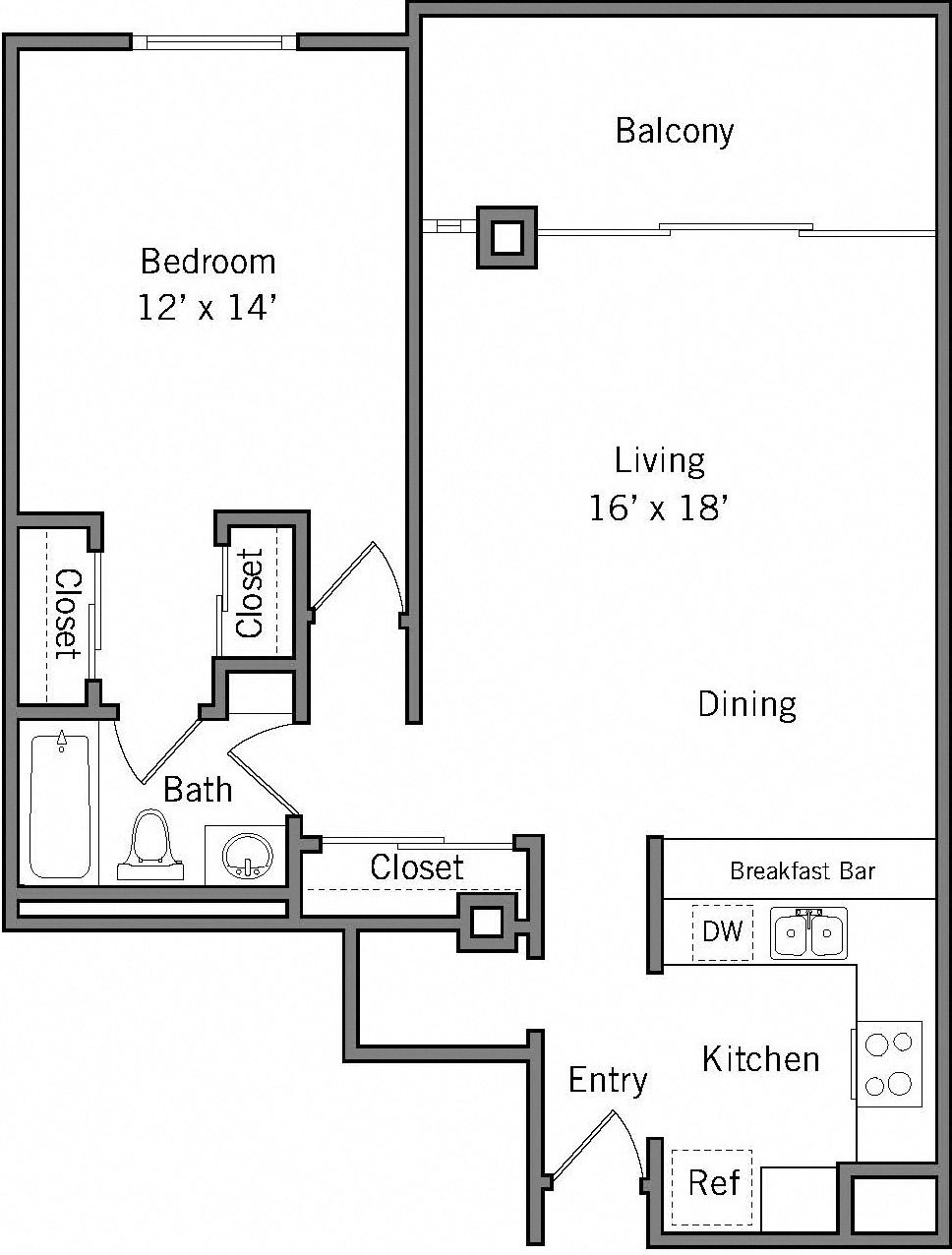 Floor plan for 1 bed, 1 bath